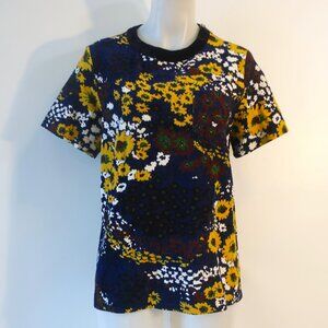 Women Sacai Blue Maoon Floral Corduroy Short Sleeve Pleated Top Blouse L